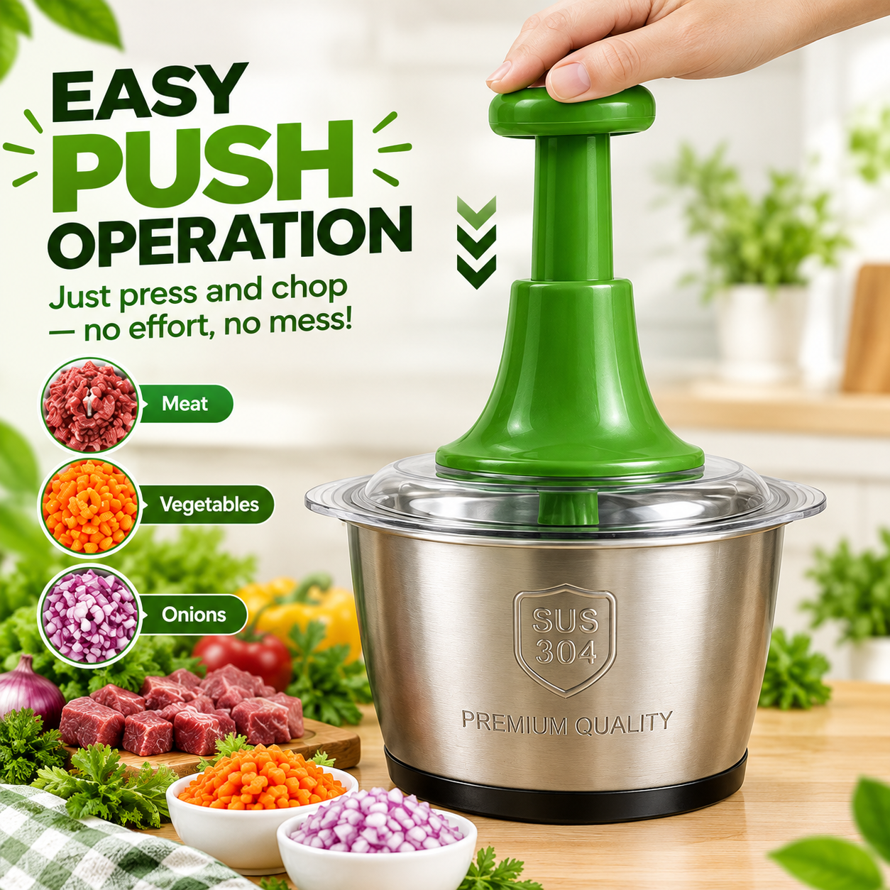 2L Stainless Steel Manual Food & Vegetable Push Chopper